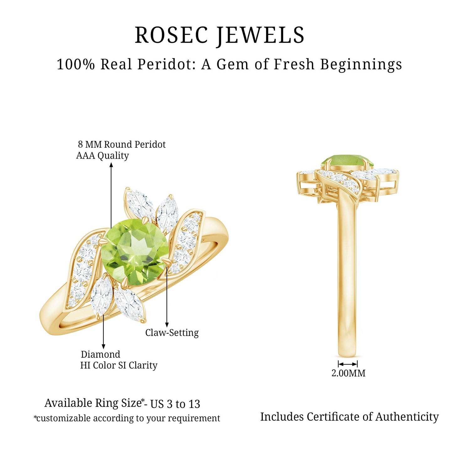Nature Inspired 2 Carat Peridot Engagement Ring with Diamond
