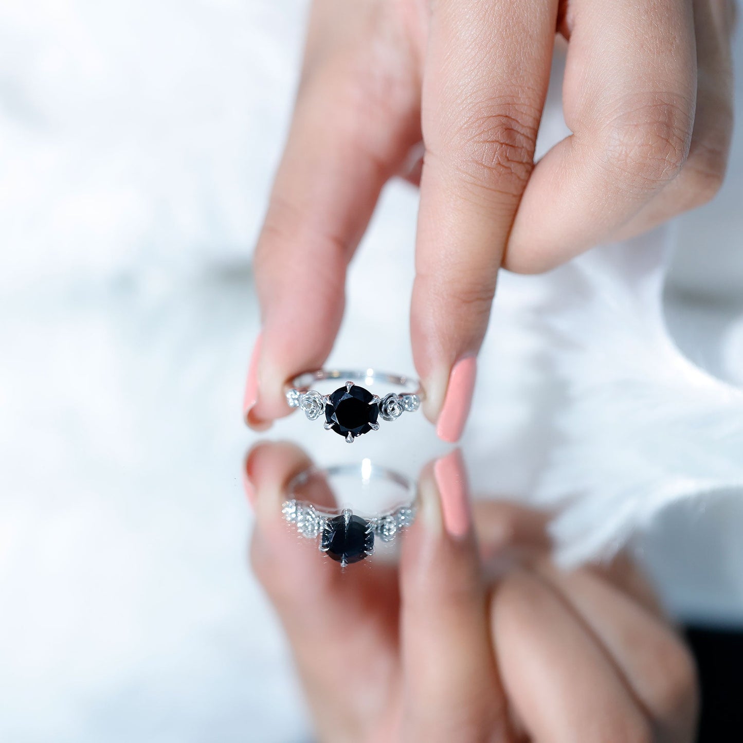 Natural Black Spinel Floral Engagement Ring with Diamond