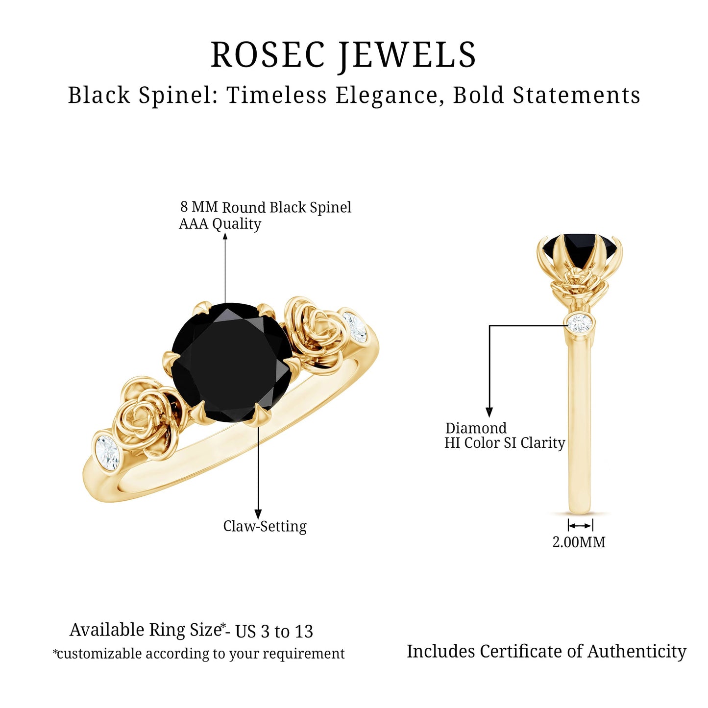 Natural Black Spinel Floral Engagement Ring with Diamond