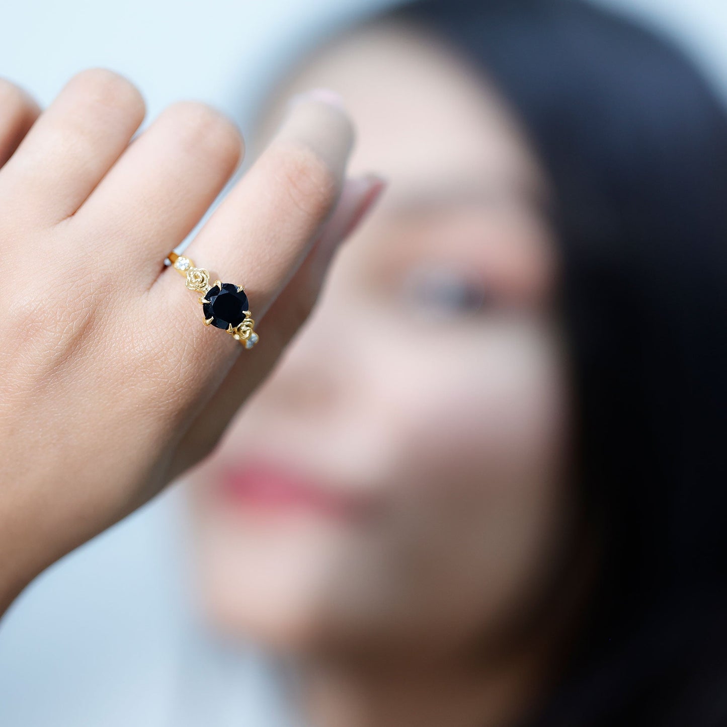 Natural Black Spinel Floral Engagement Ring with Diamond