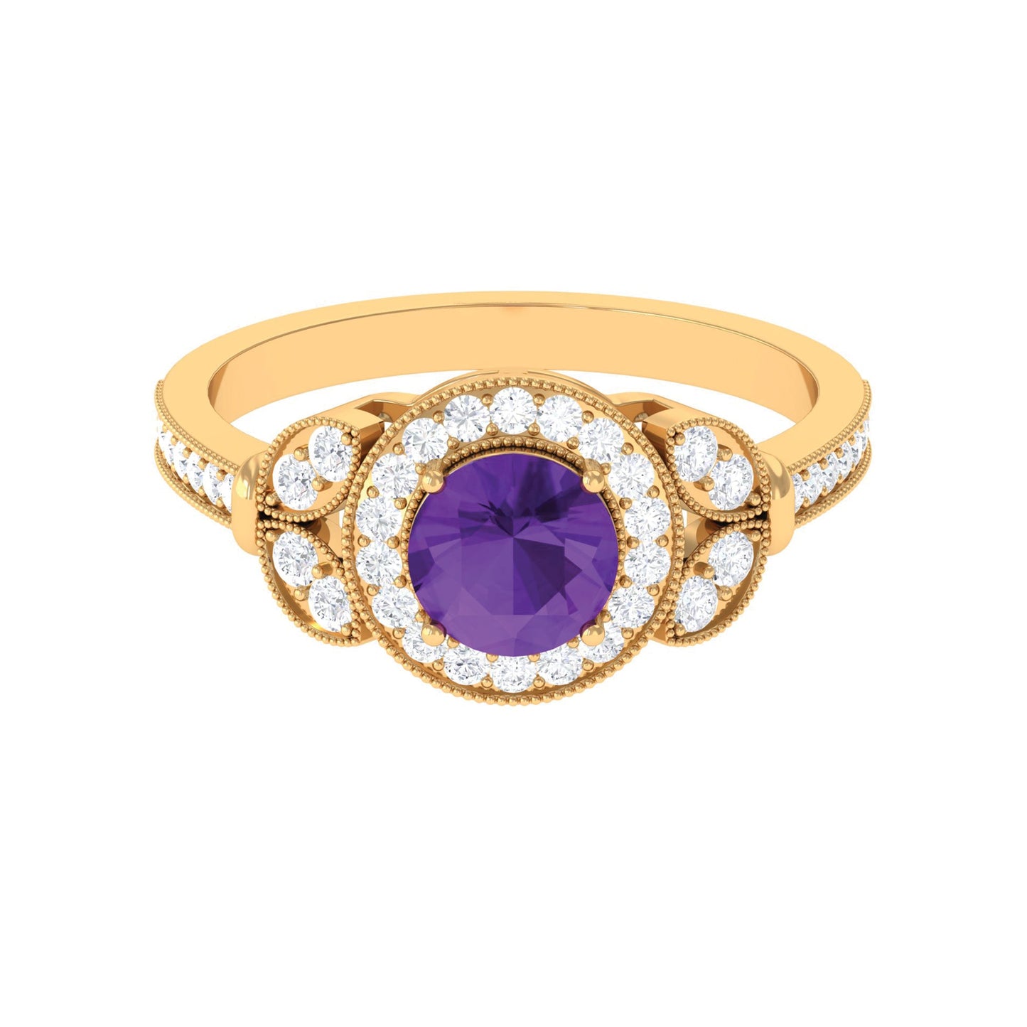 Vintage Looking Amethyst and Diamond Halo Engagement Ring