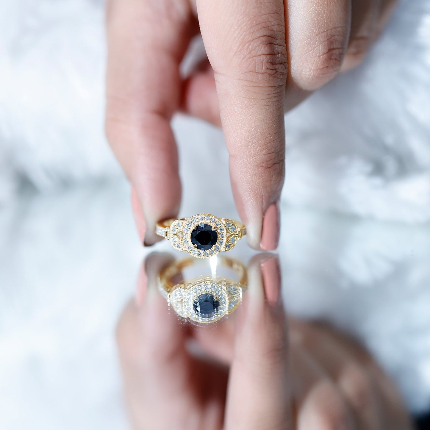 Vintage Looking 1.3 Carat Lab Grown Black Diamond Engagement Ring with White Diamond