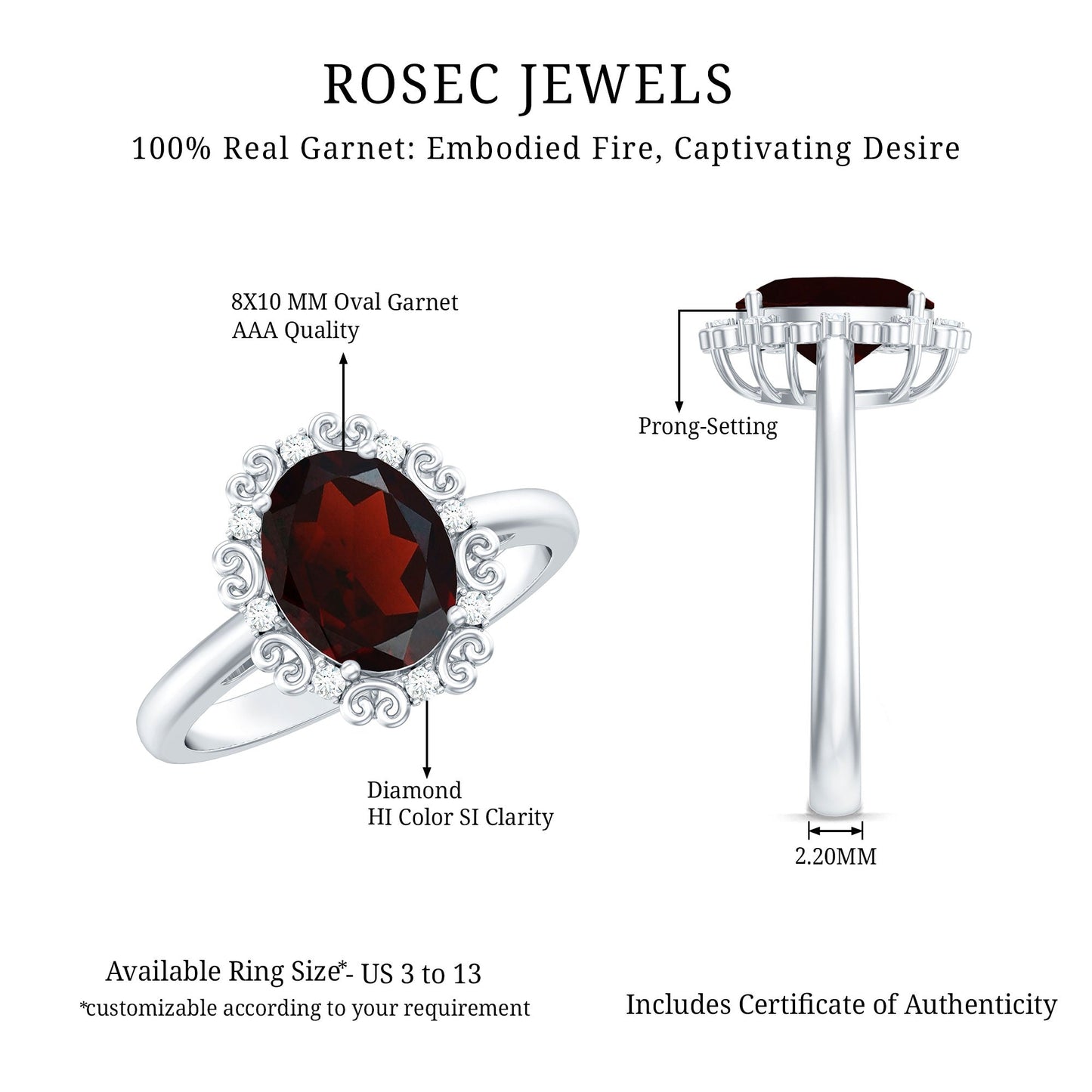 3.6 Natural Garnet Vintage Looking Engagement Ring with Diamond