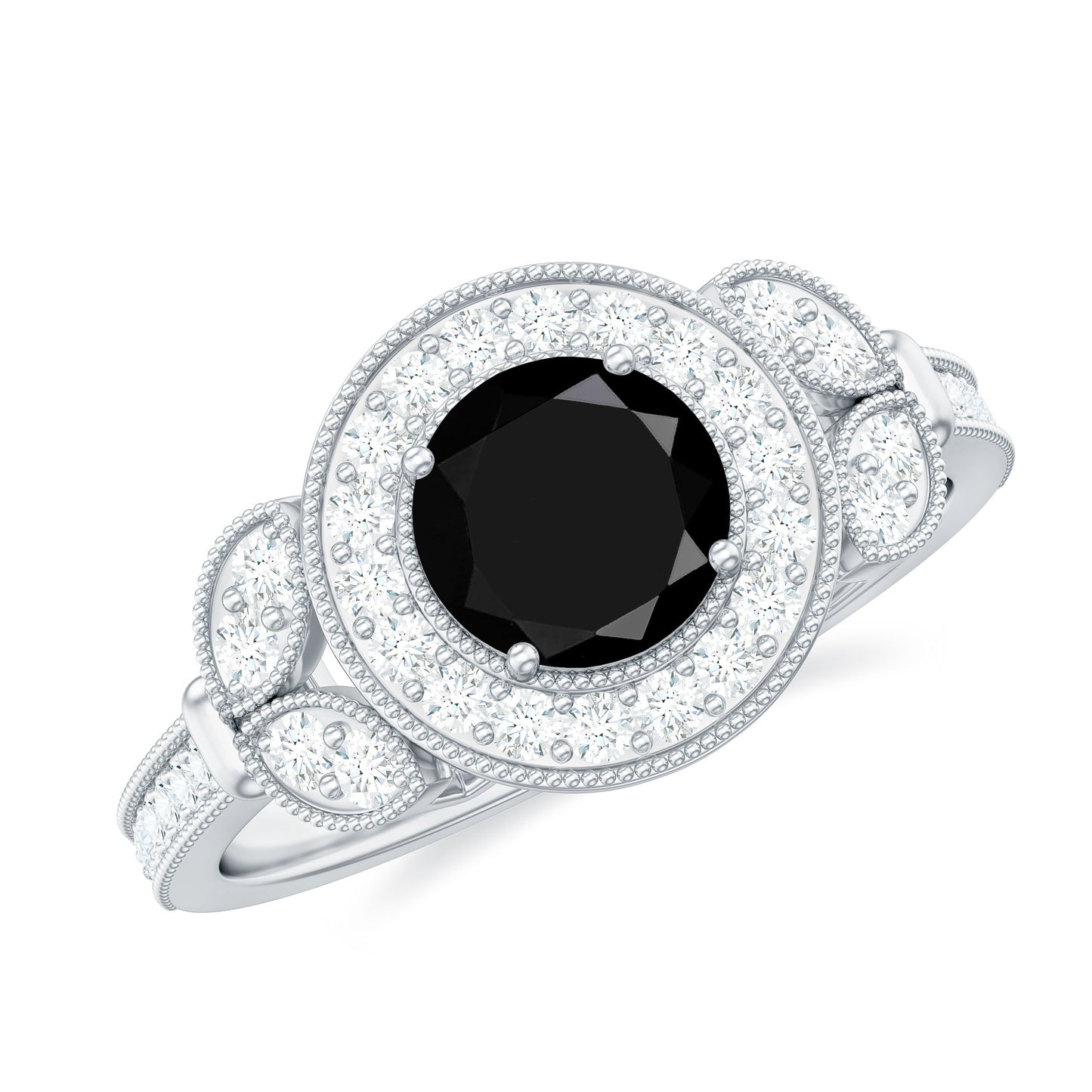 2 Carat Round Black Onyx Vintage Engagement Ring with Diamond Halo