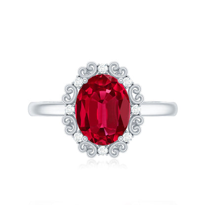Vintage Style Oval Lab Created Ruby Engagement Ring with Diamonds