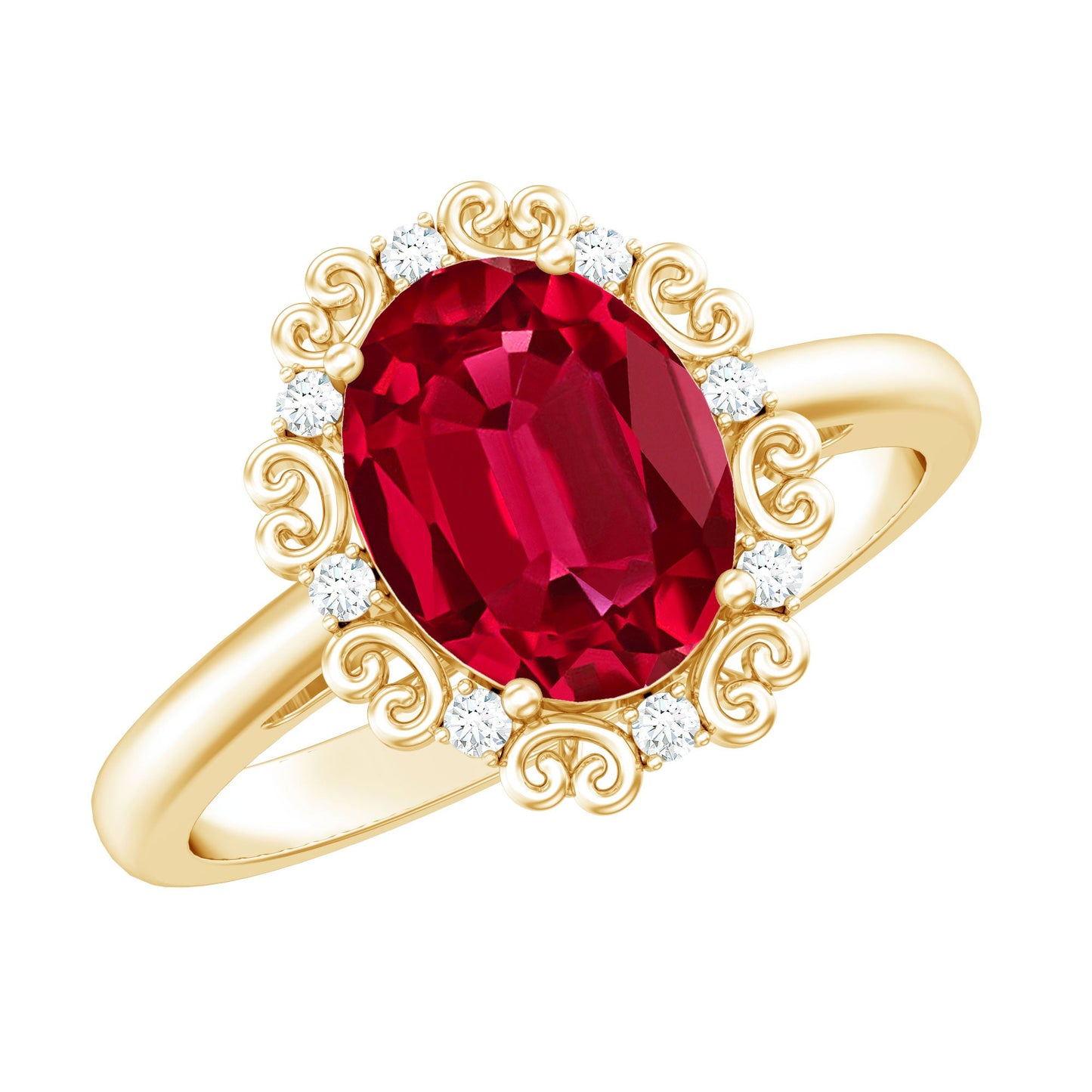 Vintage Style Oval Lab Created Ruby Engagement Ring with Diamonds