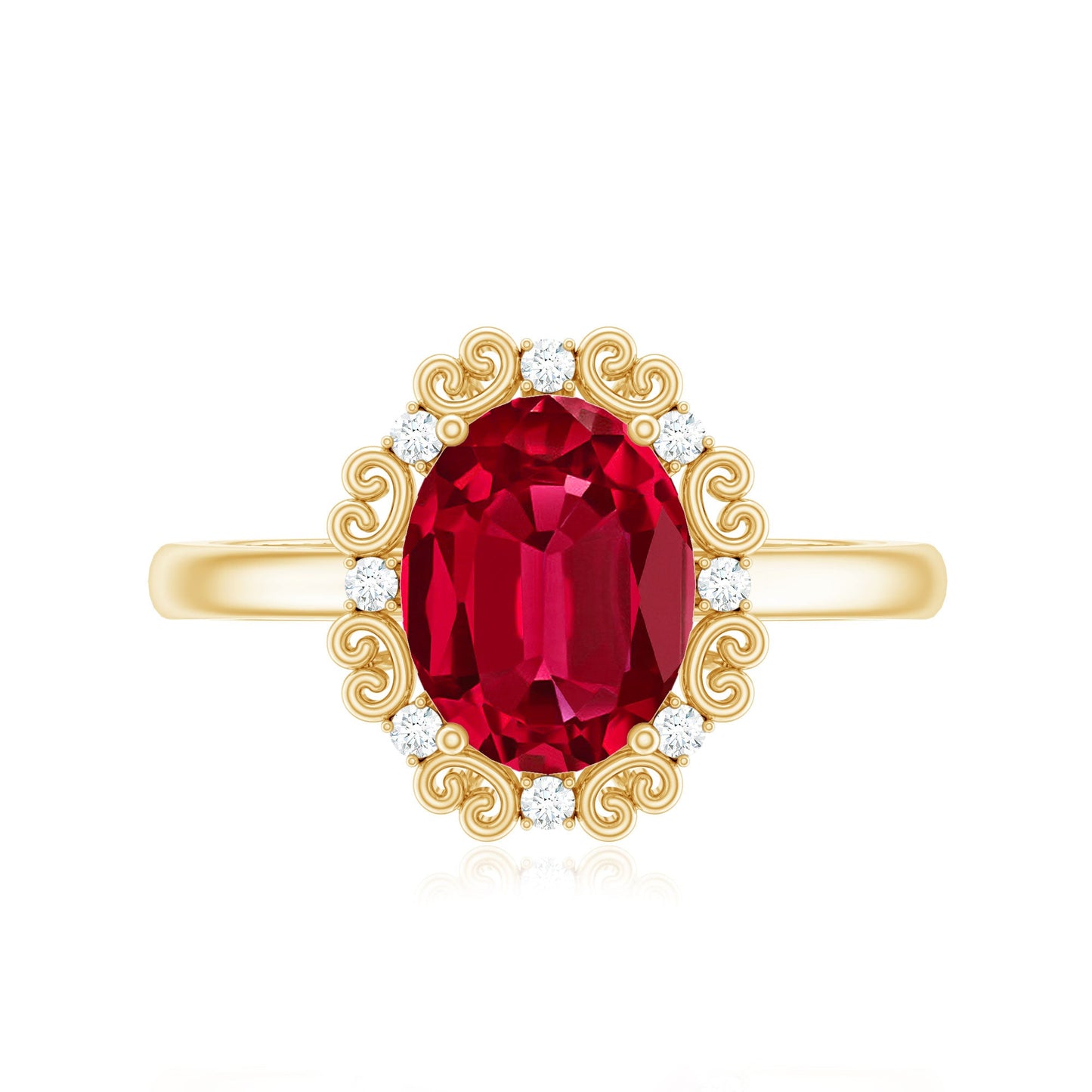 Vintage Style Oval Lab Created Ruby Engagement Ring with Diamonds