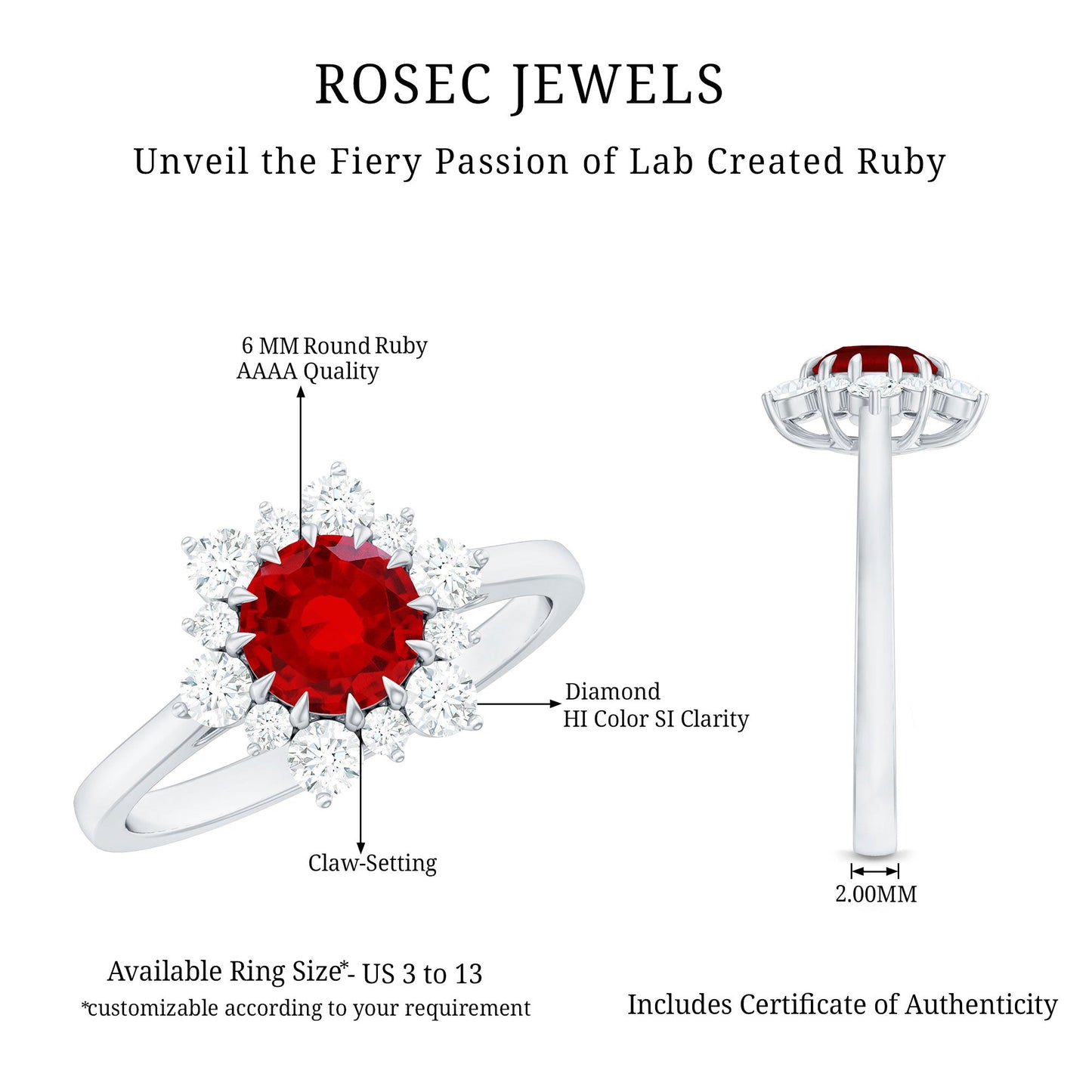 Claw Set Lab Grown Ruby and Diamond Halo Engagement Ring