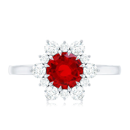 Claw Set Lab Grown Ruby and Diamond Halo Engagement Ring
