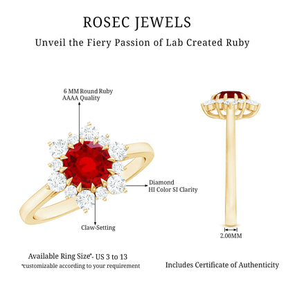 Claw Set Lab Grown Ruby and Diamond Halo Engagement Ring