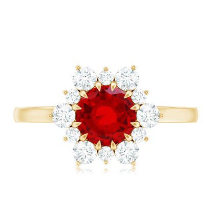 Claw Set Lab Grown Ruby and Diamond Halo Engagement Ring