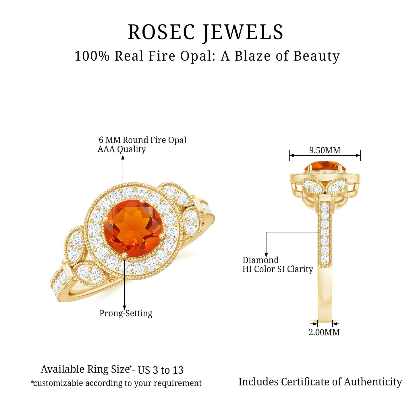 Vintage Inspired Fire Opal Engagement Ring with Diamonds