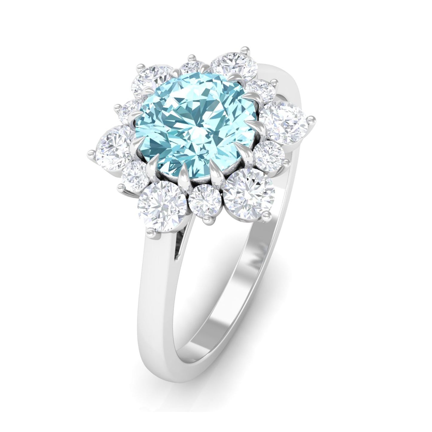 Natural 0.8 CT Aquamarine Statement Engagement Ring with Diamond Halo