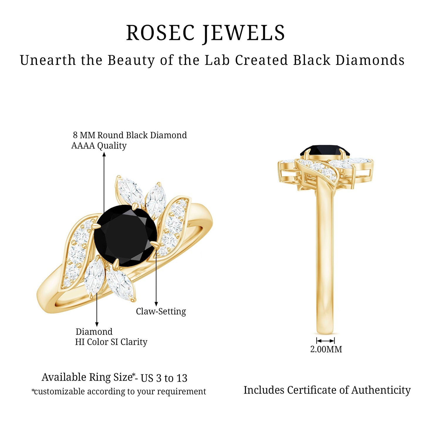 Nature Inspired 2 Carat Lab Grown Black and White Diamond Engagement Ring for Women