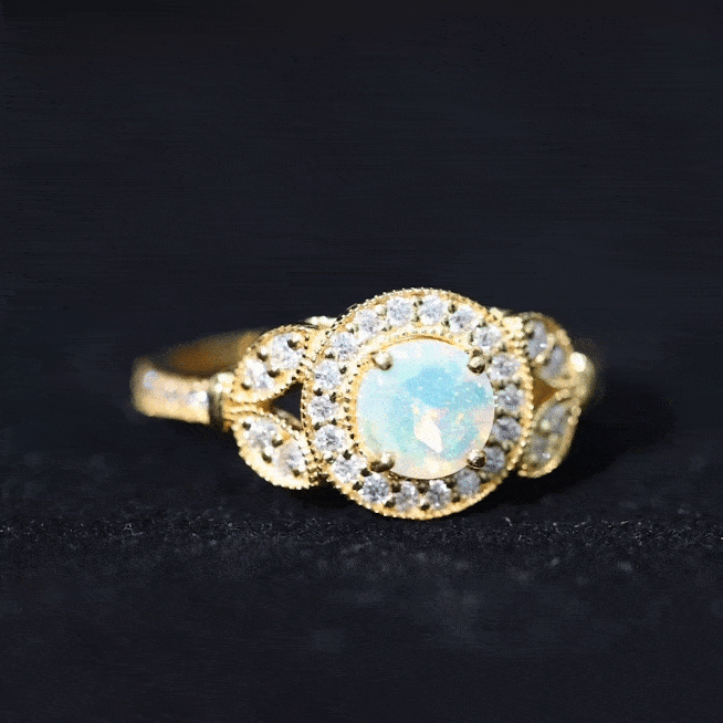 Vintage Inspired Ethiopian Rainbow Opal Engagement Ring with Diamond Halo