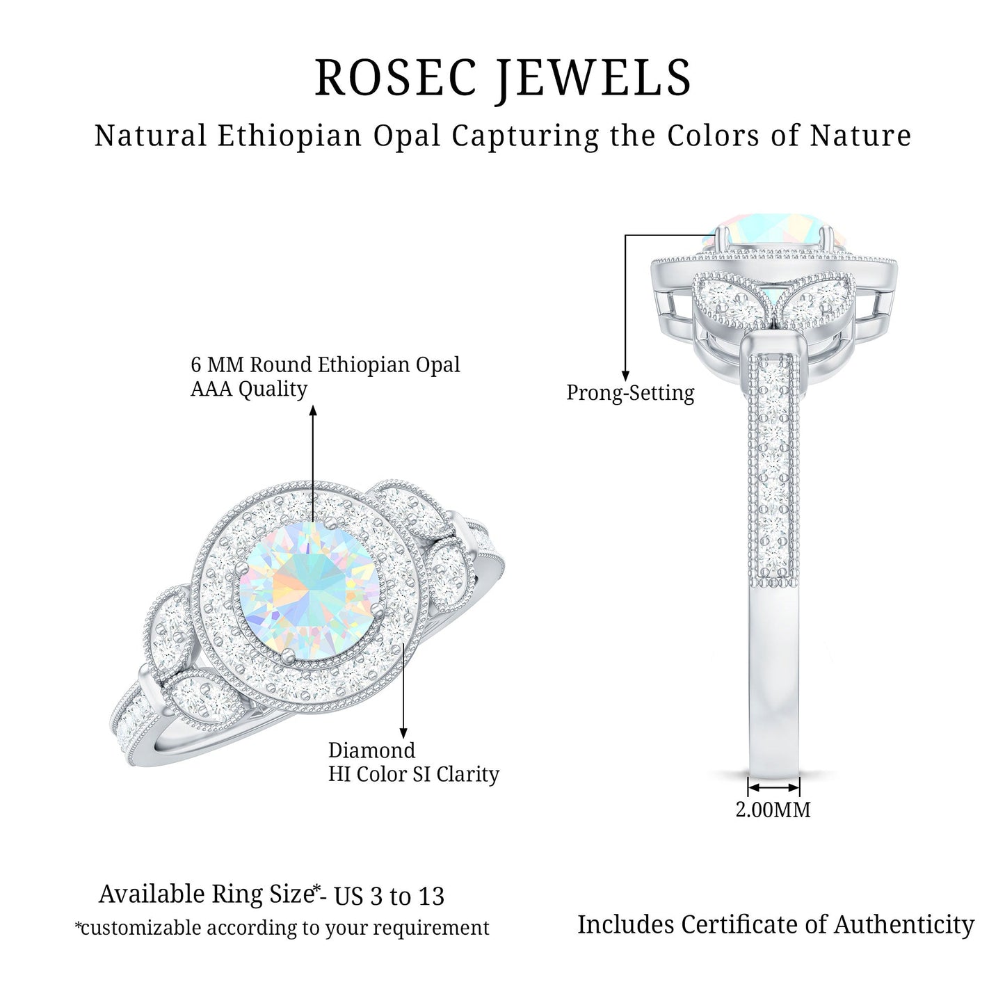 Vintage Inspired Ethiopian Rainbow Opal Engagement Ring with Diamond Halo