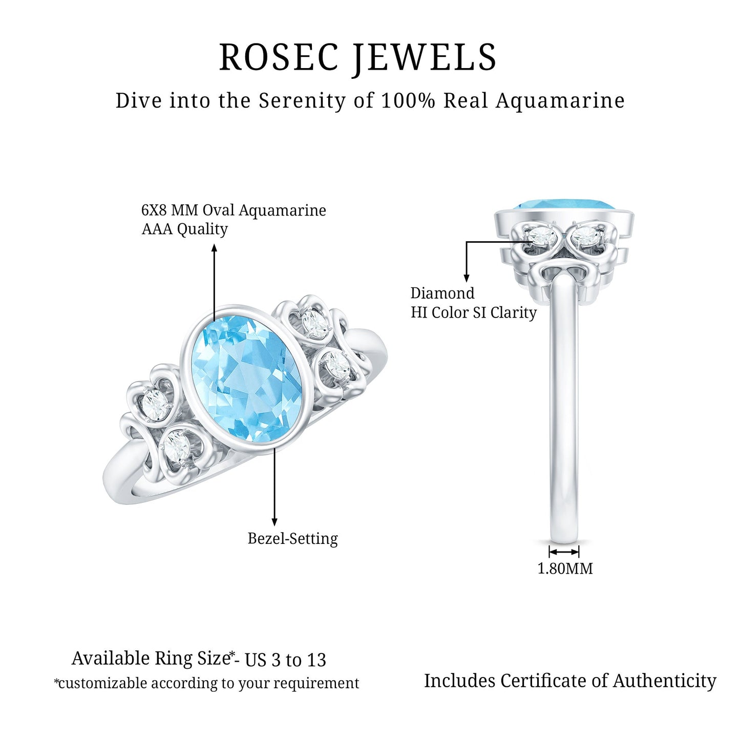 Natural 1 Carat Oval Aquamarine Statement Engagement Ring with Diamond