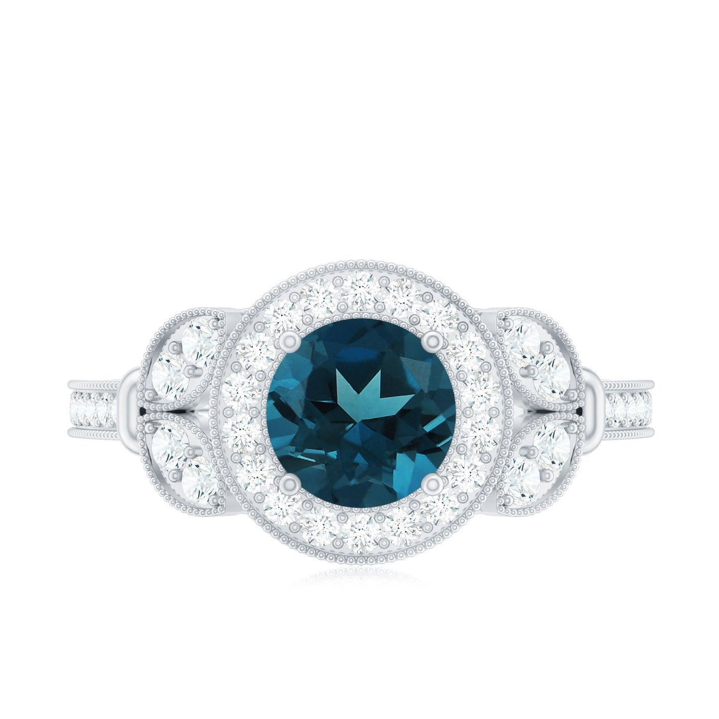 Vintage Inspired London Blue Topaz Engagement Ring with Diamond Halo