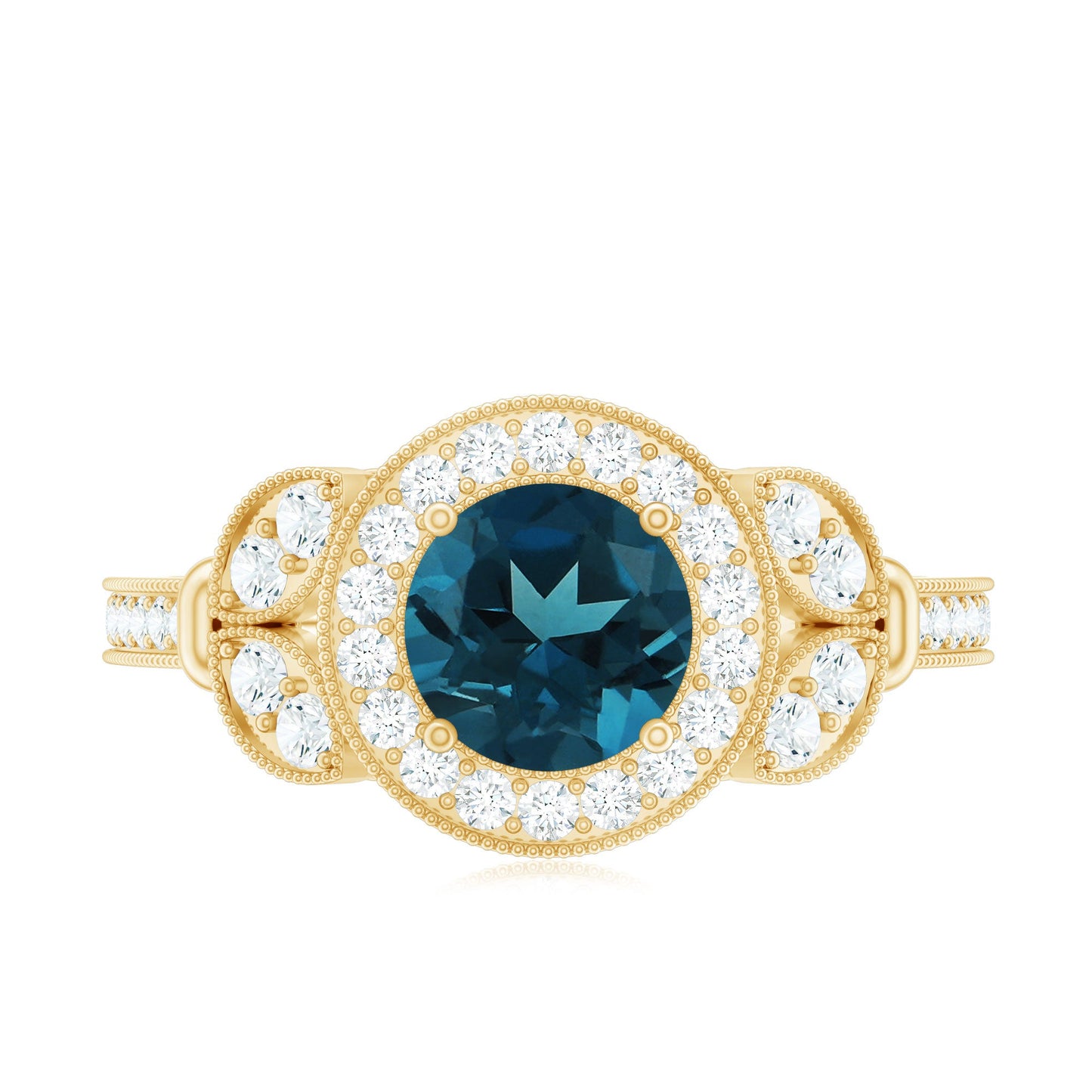 Vintage Inspired London Blue Topaz Engagement Ring with Diamond Halo