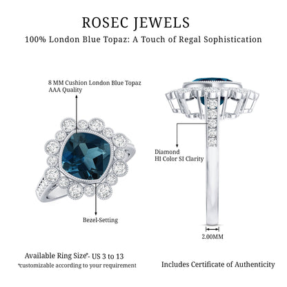 Cushion London Blue Topaz Cocktail Ring with Diamond