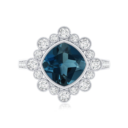 Cushion London Blue Topaz Cocktail Ring with Diamond