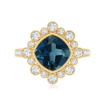 Cushion London Blue Topaz Cocktail Ring with Diamond