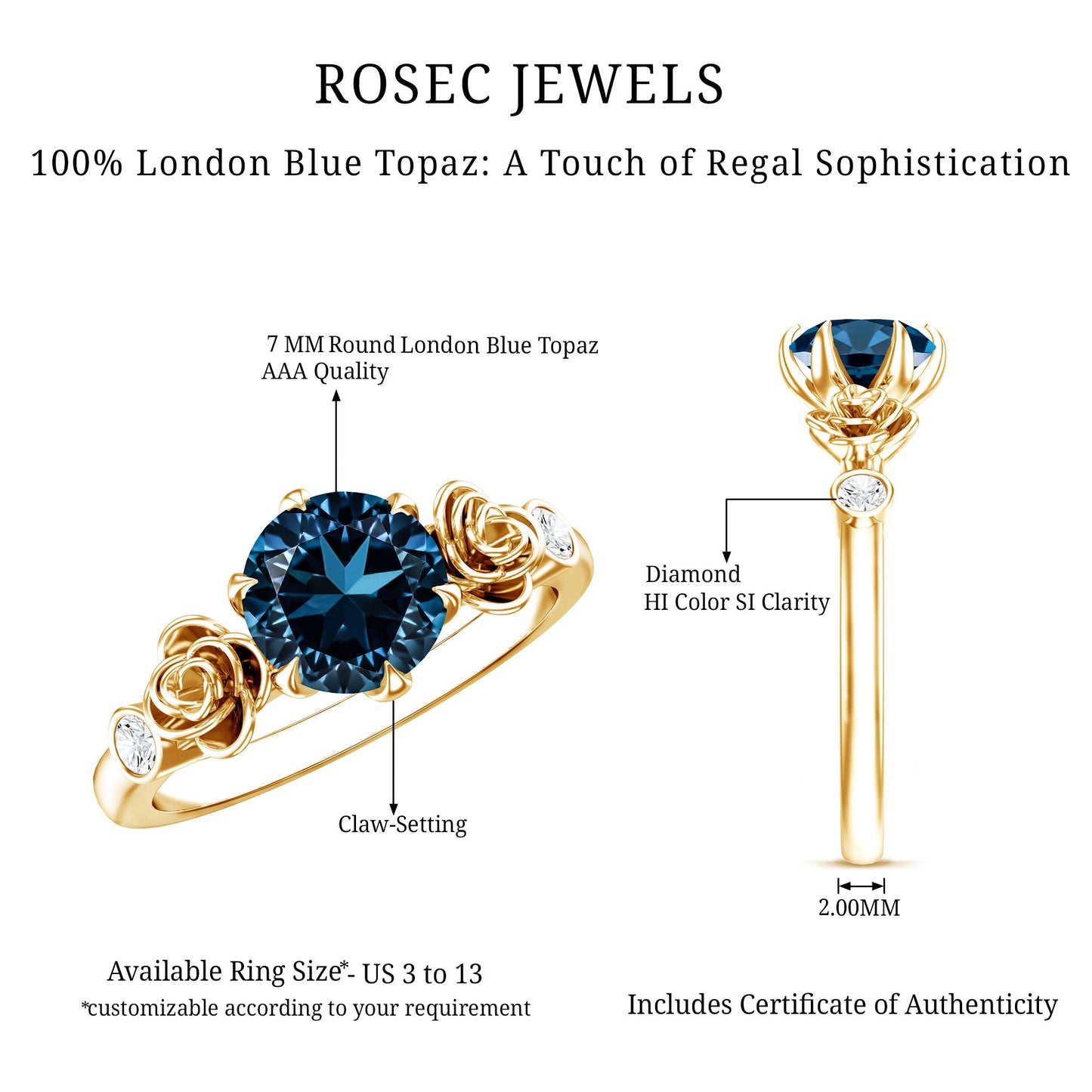 Round London Blue Topaz Rose Engagement Ring with Diamond
