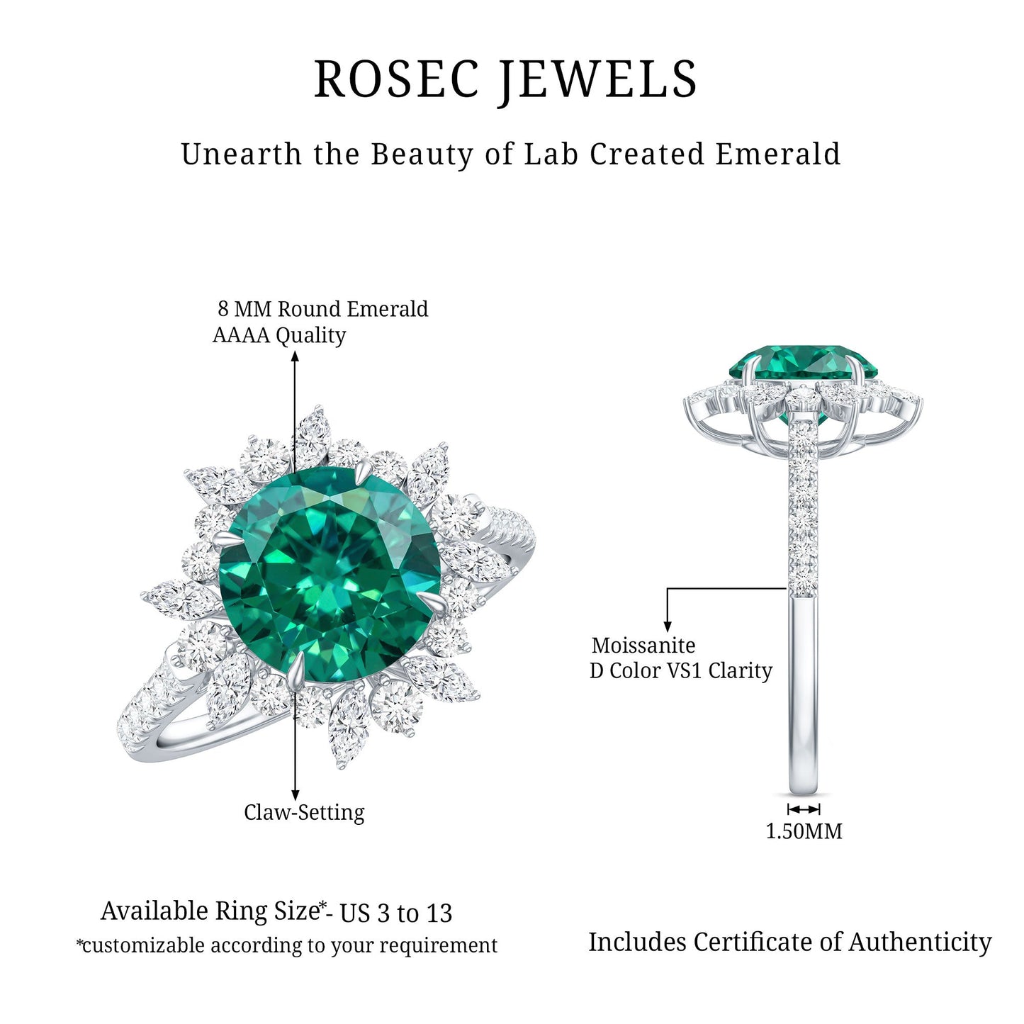 Certified 8 mm Lab Grown Emerald Cocktail Ring with Halo