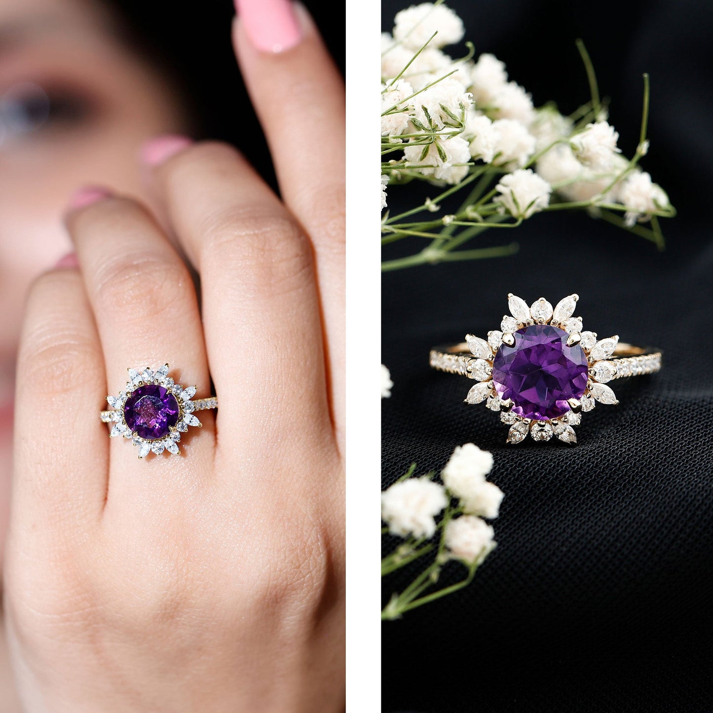 Natural 2 Carat Amethyst Statement Engagement Ring with Moissanite Halo