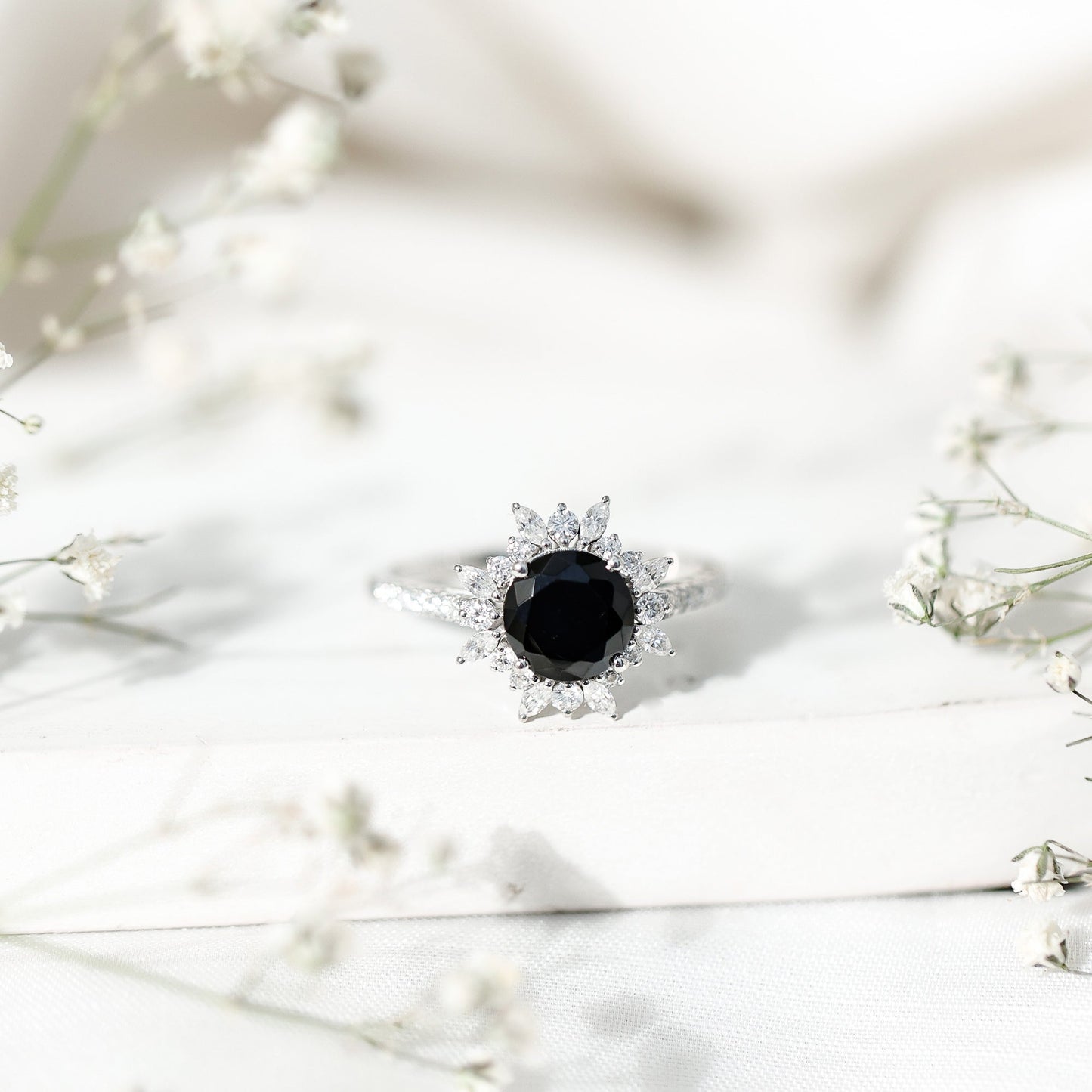 Real Black Spinel Engagement Ring with Moissanite Halo