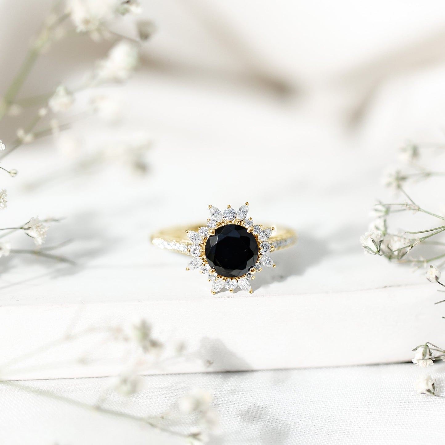 Real Black Spinel Engagement Ring with Moissanite Halo
