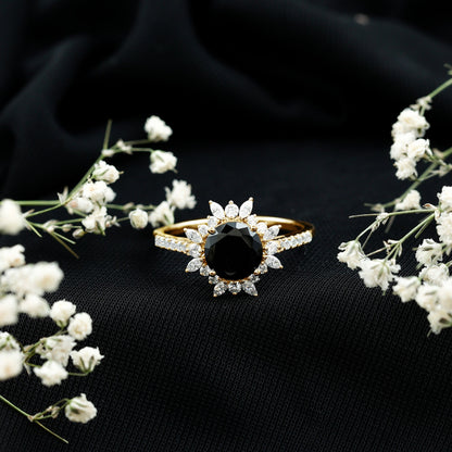 Real Black Spinel Engagement Ring with Moissanite Halo