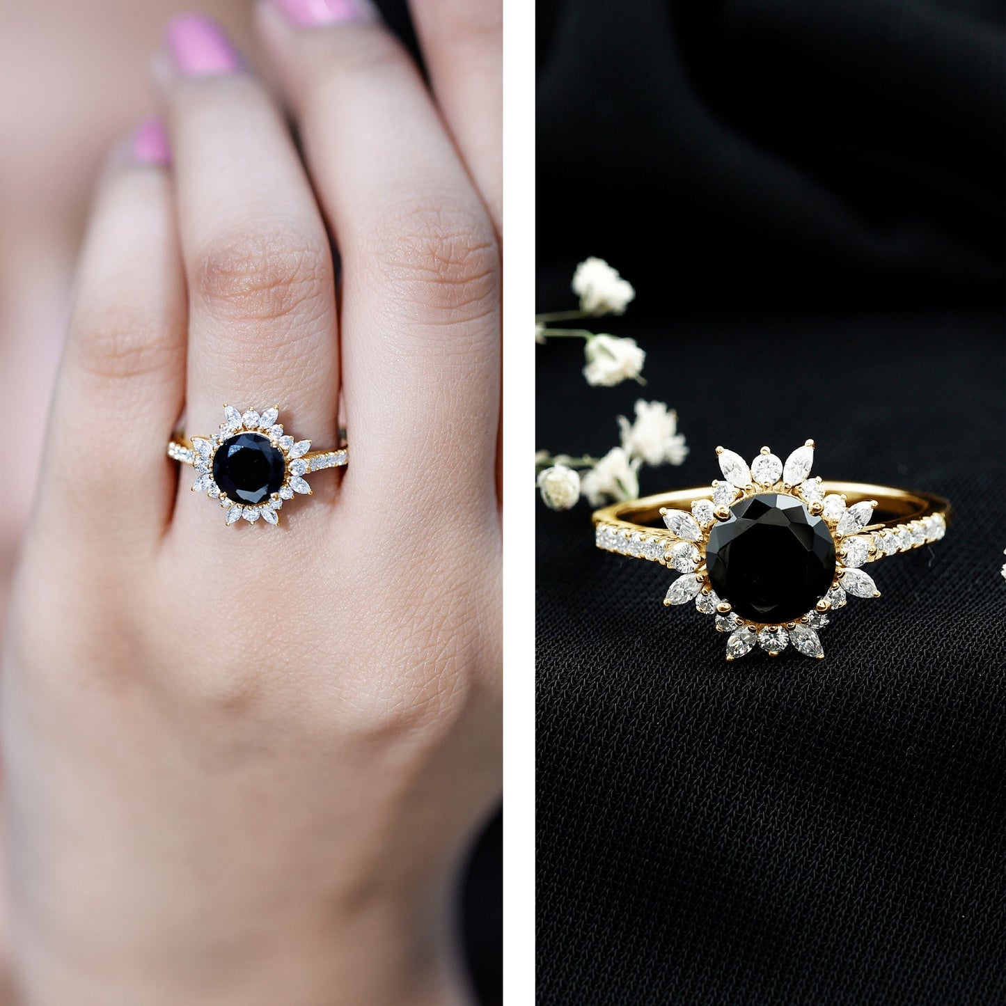 Certified Black Onyx and Moissanite Statement Engagement Ring