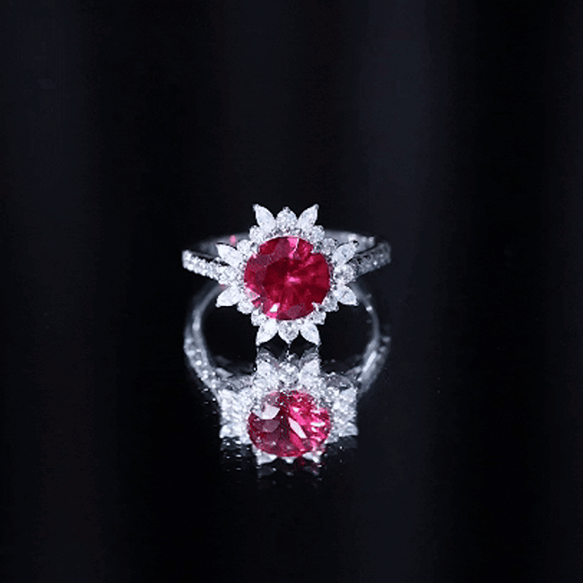 Lab Created Ruby and Diamond Halo Engagement Ring