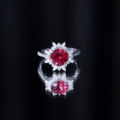 Lab Created Ruby and Diamond Halo Engagement Ring