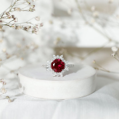 Lab Created Ruby and Diamond Halo Engagement Ring