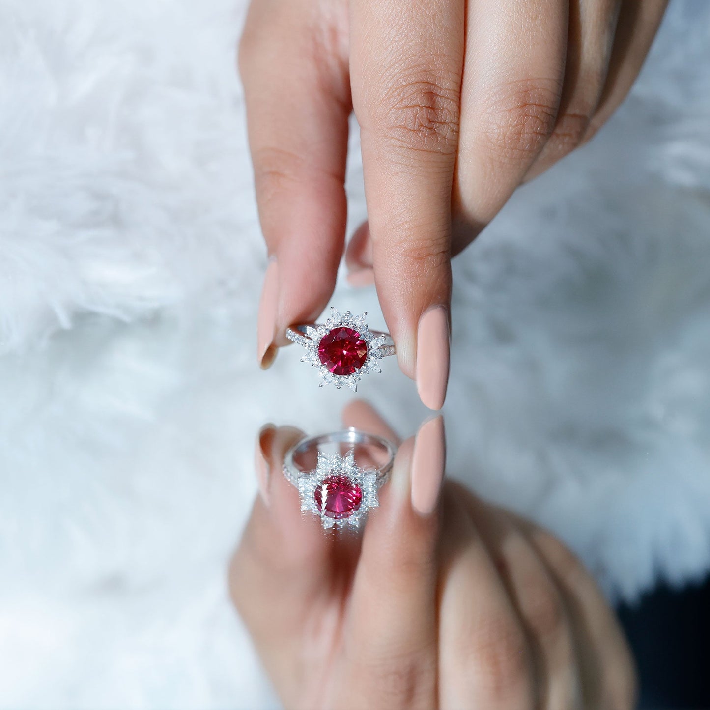 Lab Created Ruby and Diamond Halo Engagement Ring