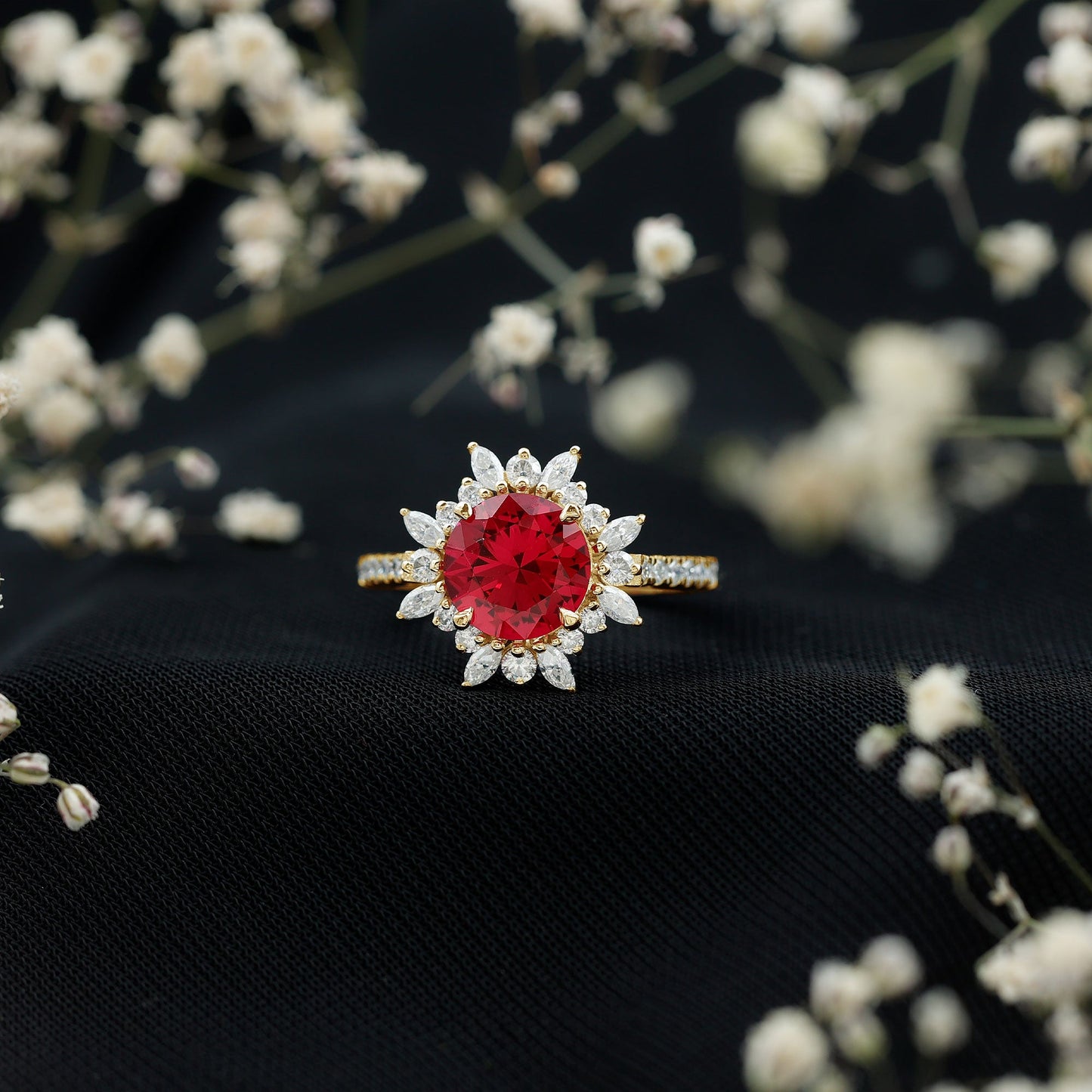 Lab Created Ruby and Diamond Halo Engagement Ring