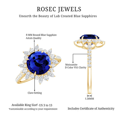 Lab Grown Blue Sapphire And Moissanite Floral Inspired Ring