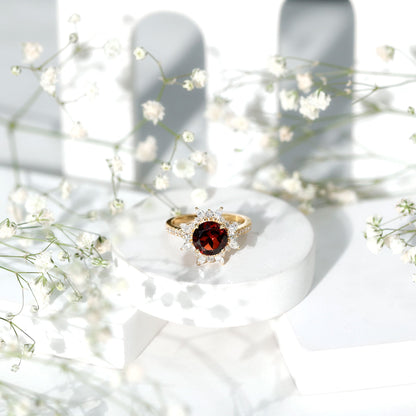 Real 2.3 Carat Garnet Statement Engagement Ring with Diamond Halo