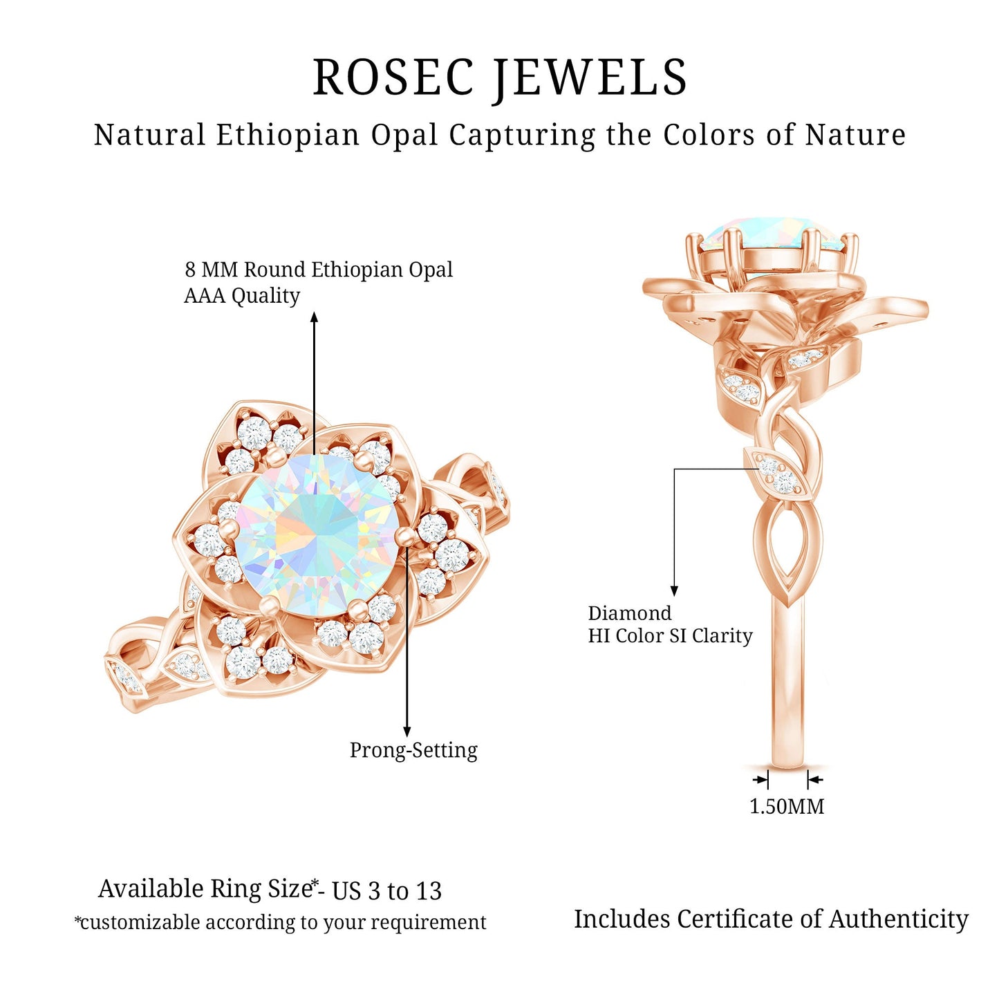2 Carat Natural Ethiopian Opal Flower Engagement Ring with Diamond