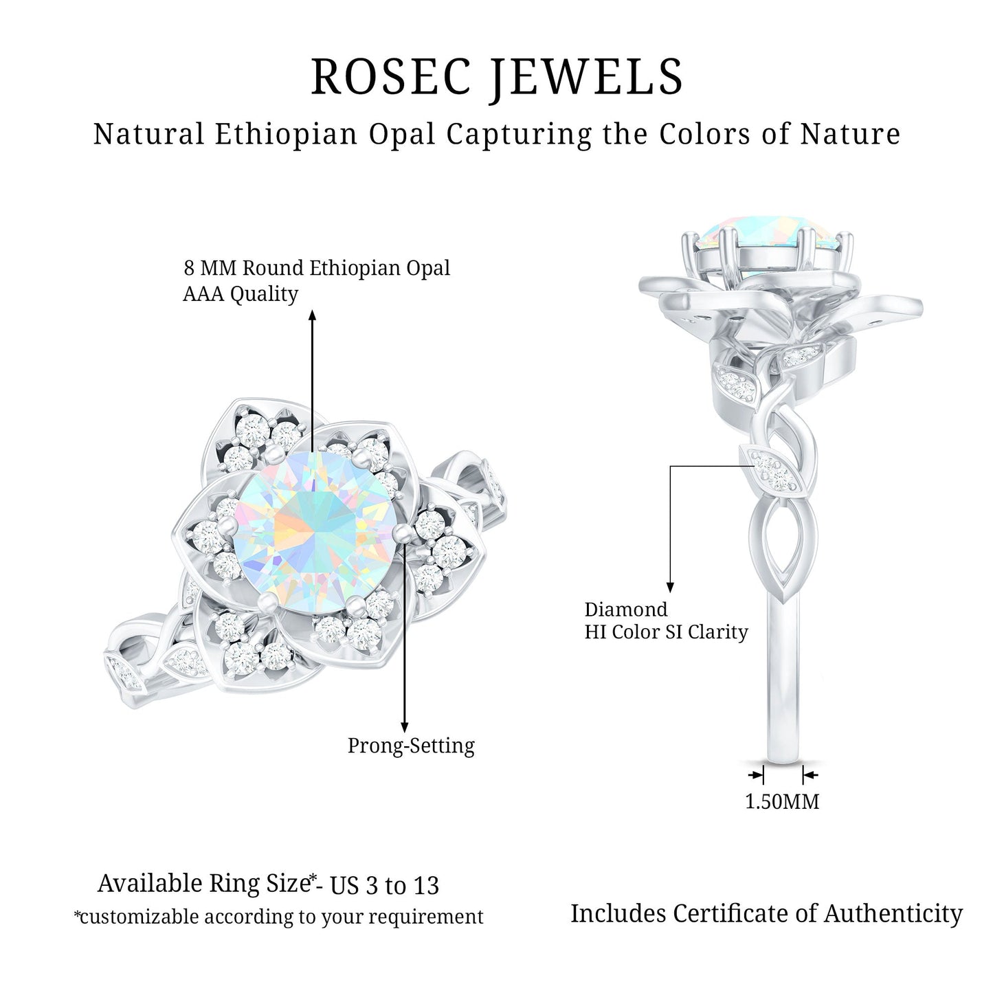 2 Carat Natural Ethiopian Opal Flower Engagement Ring with Diamond