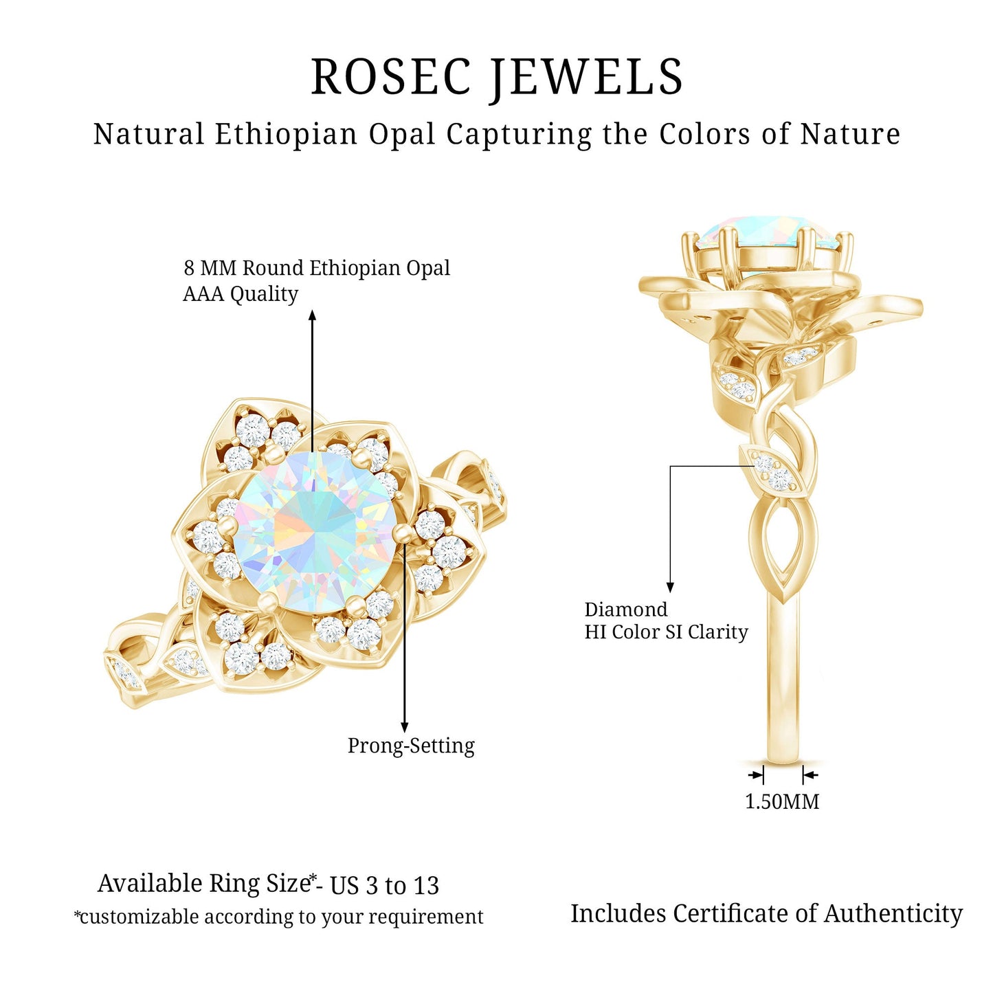 2 Carat Natural Ethiopian Opal Flower Engagement Ring with Diamond