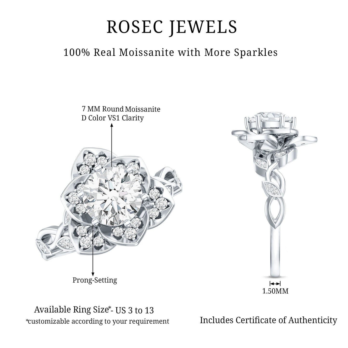 Nature Inspired Moissanite Flower Engagement Ring with Certificate