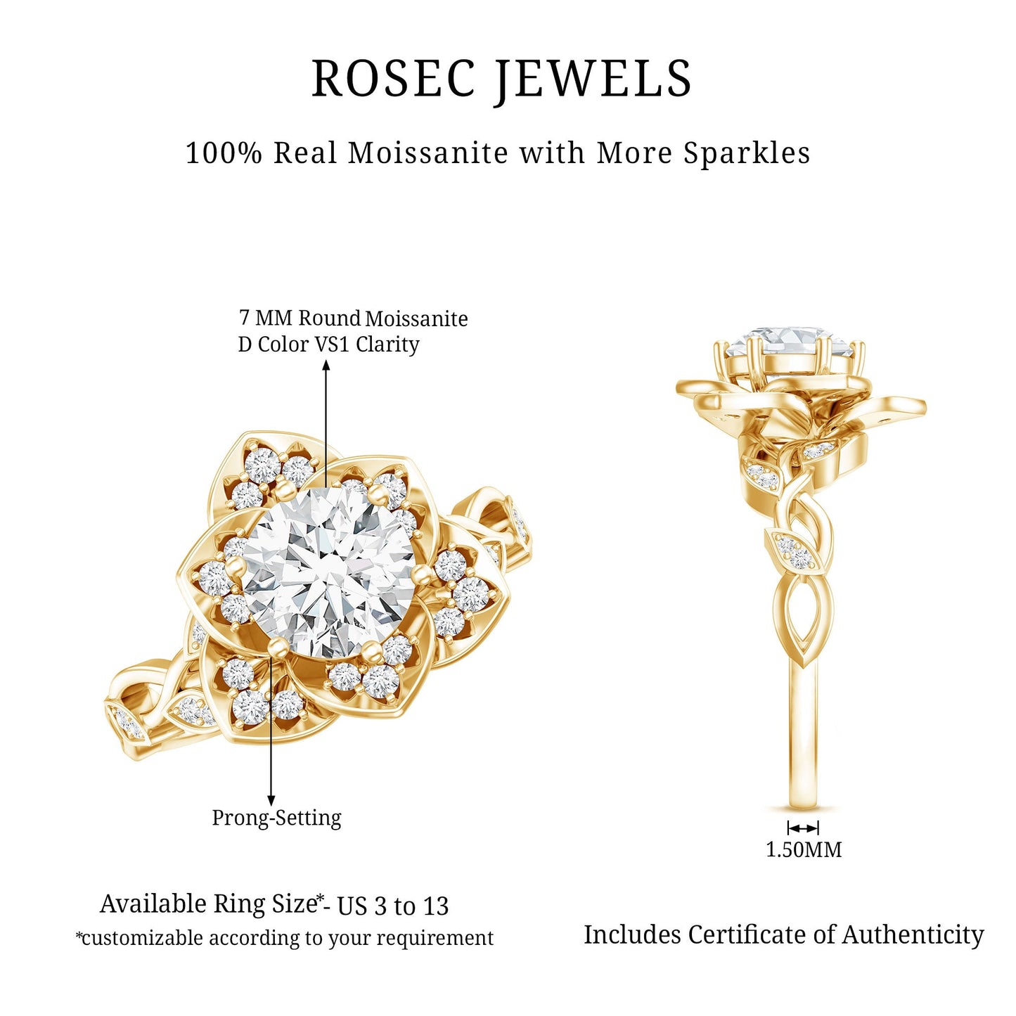 Nature Inspired Moissanite Flower Engagement Ring with Certificate