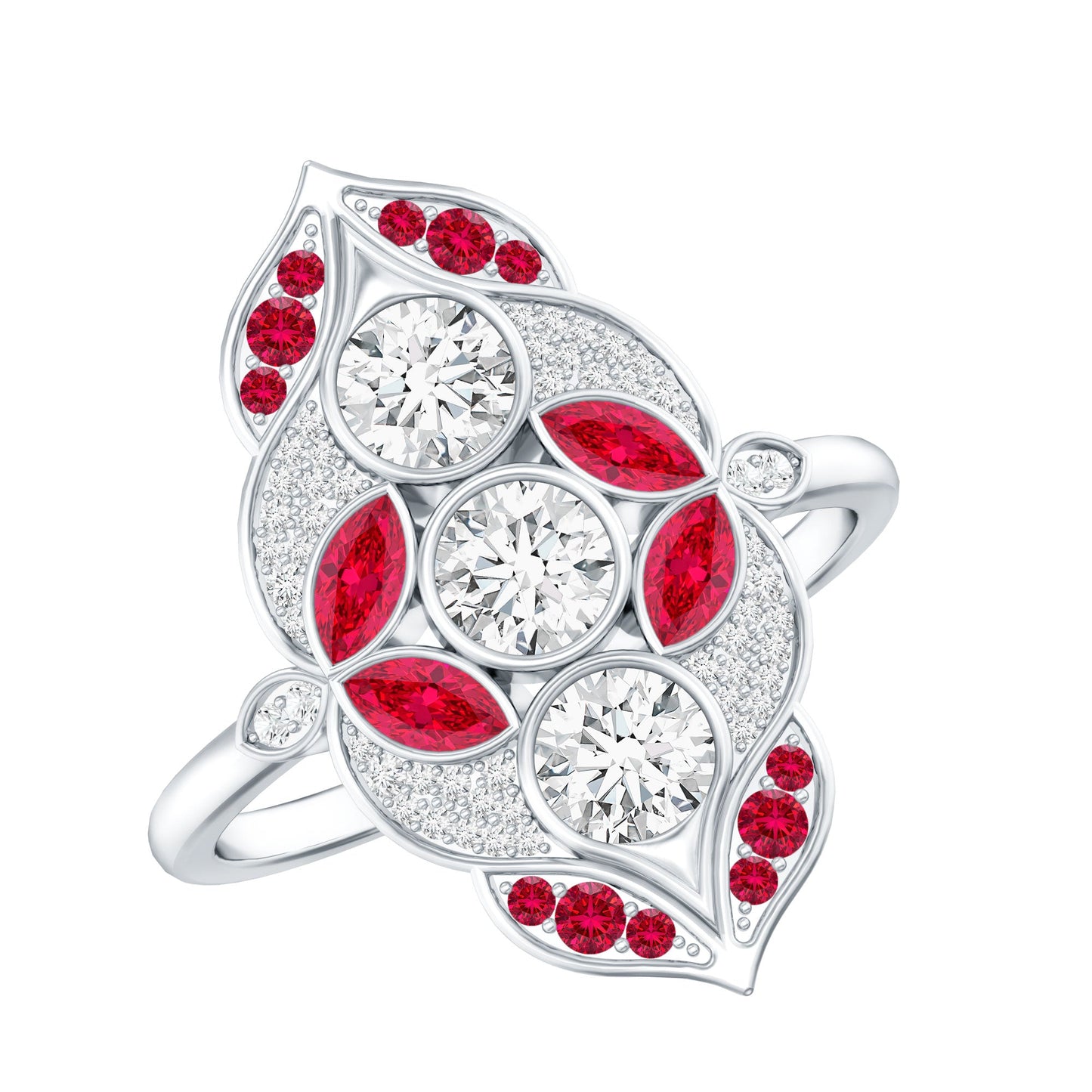 Certified Lab Grown Ruby Art Deco Statement Ring with Moissanite