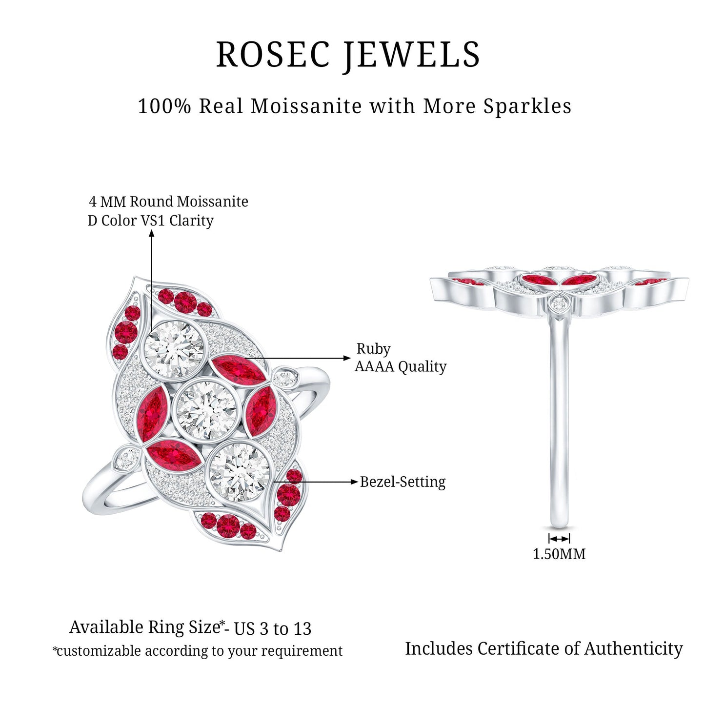 Certified Lab Grown Ruby Art Deco Statement Ring with Moissanite