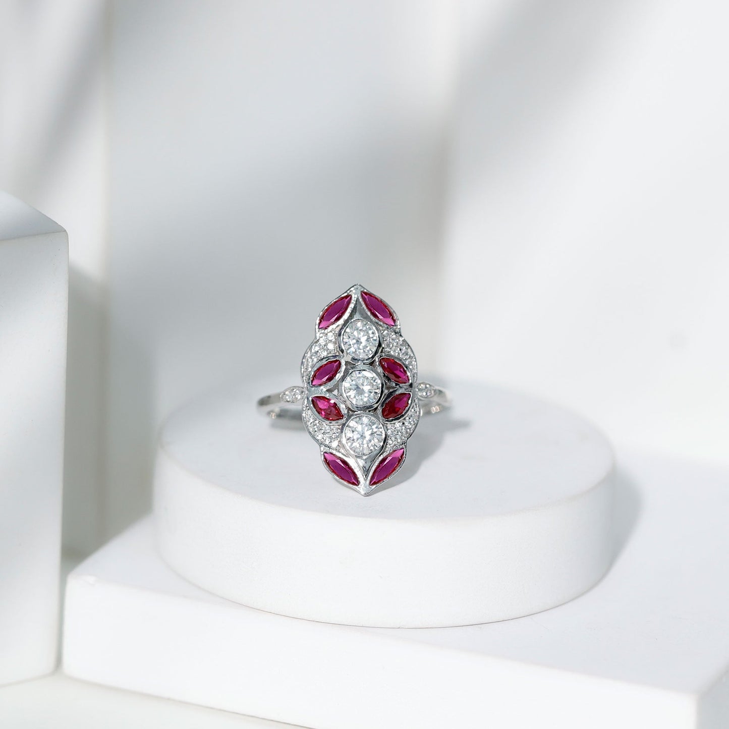 Certified Lab Grown Ruby Art Deco Statement Ring with Moissanite