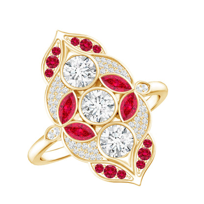Certified Lab Grown Ruby Art Deco Statement Ring with Moissanite