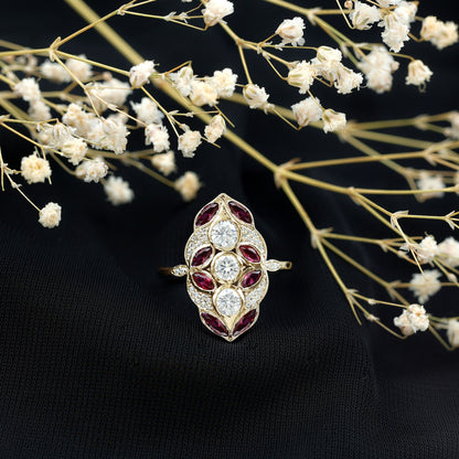 Certified Lab Grown Ruby Art Deco Statement Ring with Moissanite